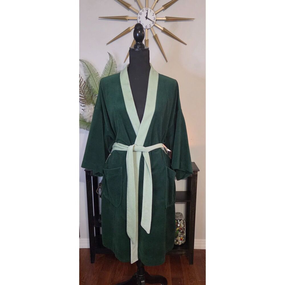 Vintage 70s Roytex Velour Robe-Forest Green & Sage, Near Mint